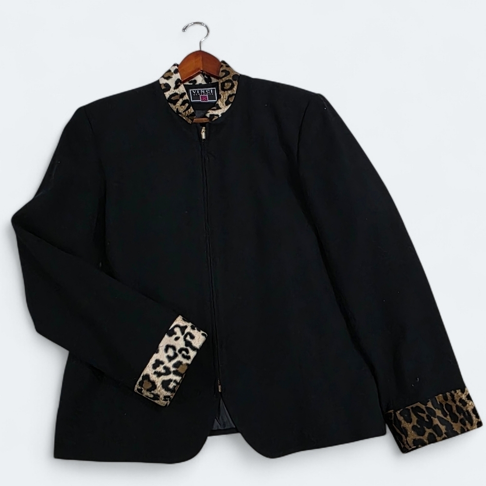 Vintage Vinci Clothes Black Wool Jacket with Leopard Accents Size 10